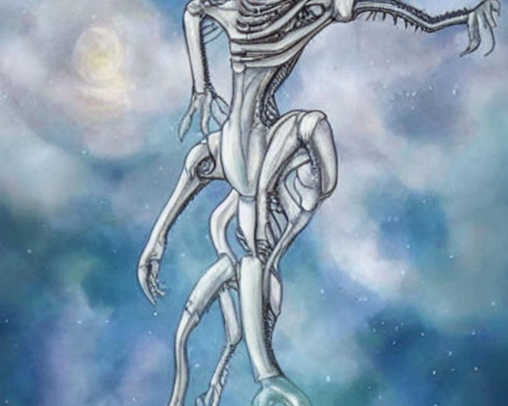 Skeletal alien with large eyes in cosmic setting