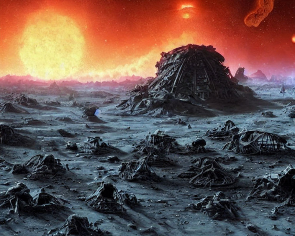 Alien landscape with large sun, celestial body, and ruins.