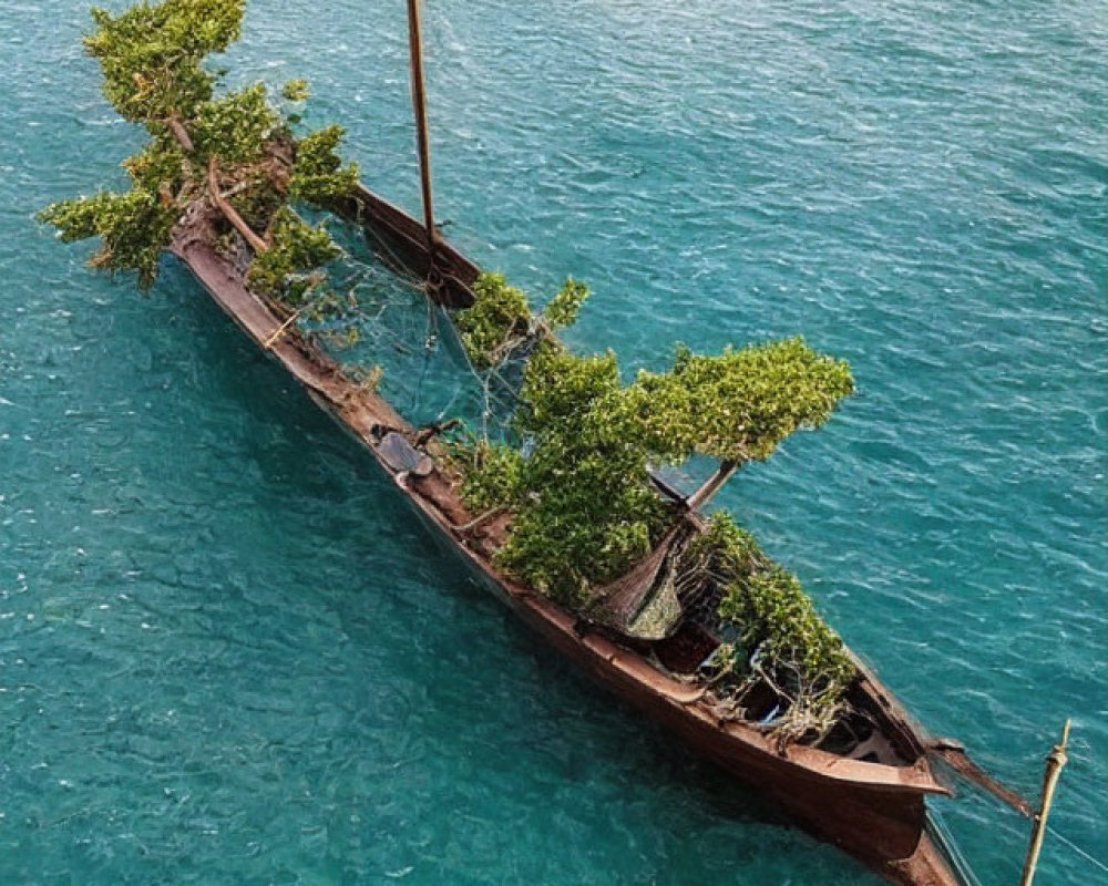 Partially submerged old wooden boat with trees in clear blue waters