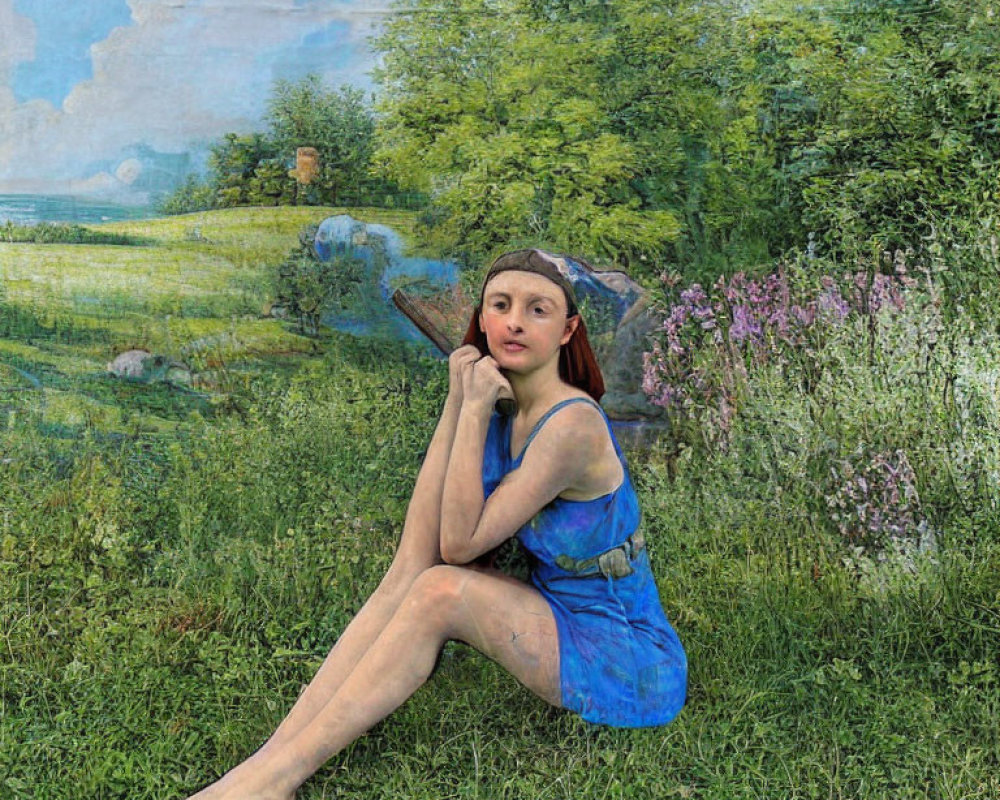Woman in Blue Dress Sitting on Grass with Translucent Landscape Overlay