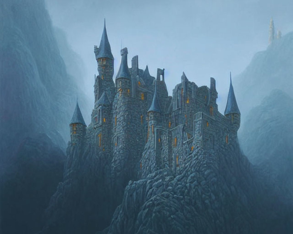 Medieval castle on misty cliff with illuminated windows