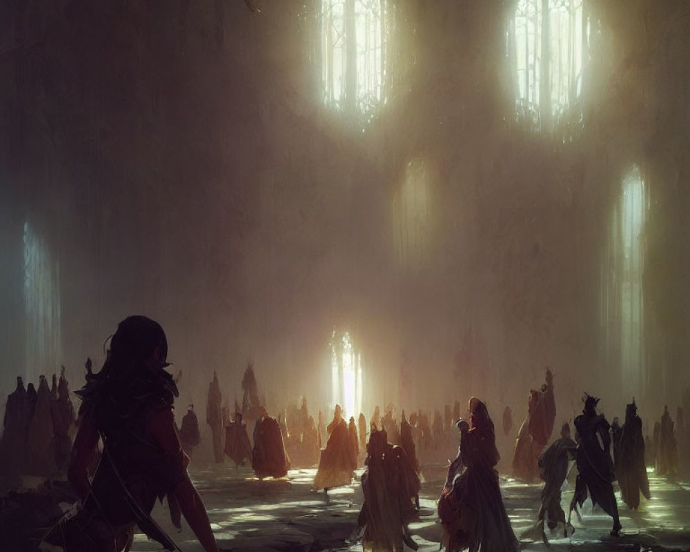 Dimly Lit Hall with Cloaked Figures and Glowing Central Figure