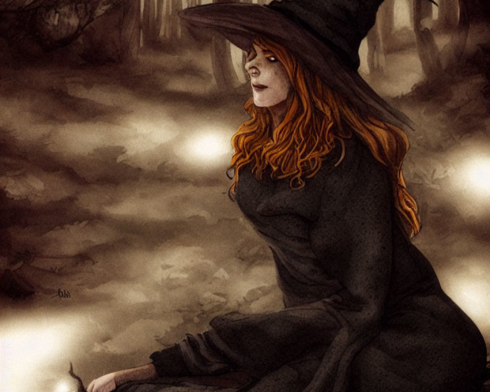 Fiery red-haired witch in black dress and hat in misty enchanted forest with ghostly lights.