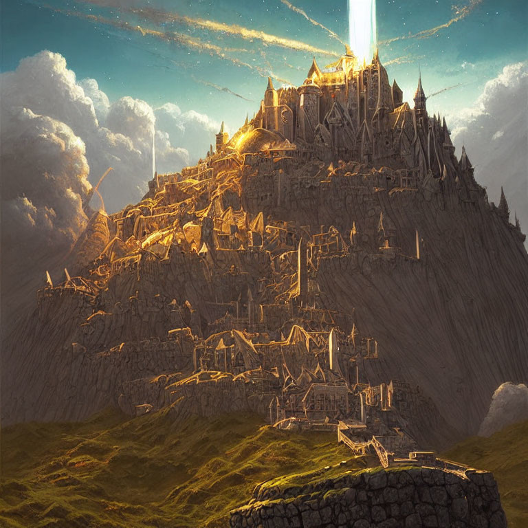 Majestic fantasy castle on rugged mountain under sunlight