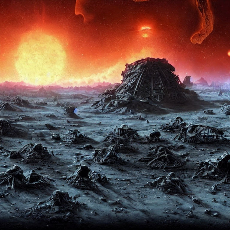 Alien landscape with large sun, celestial body, and ruins.