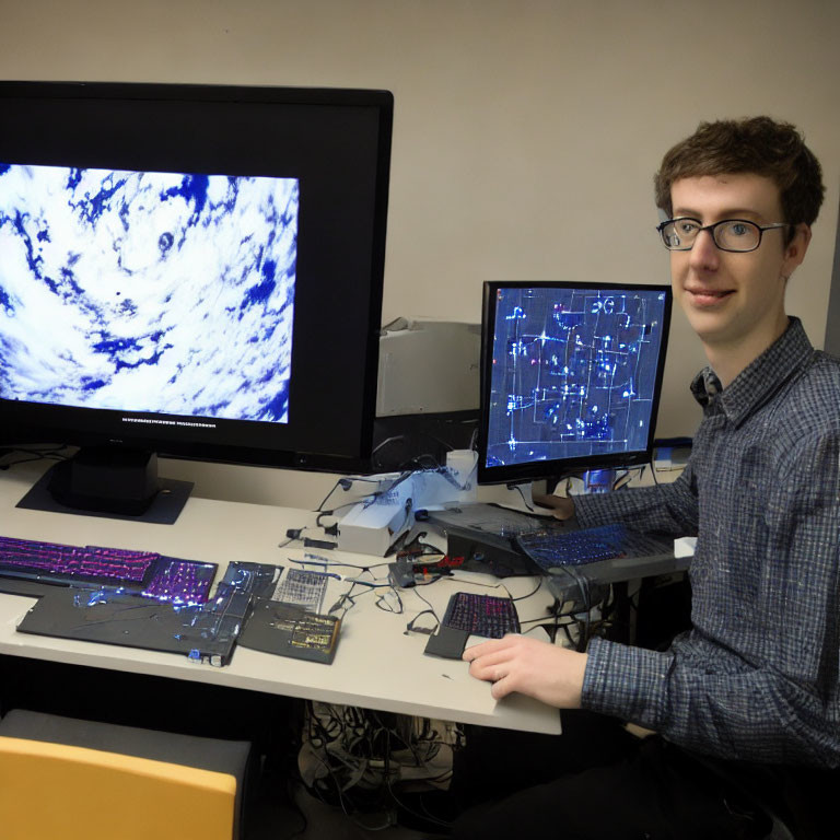 Person at Desk with Multiple Monitors and Electronic Equipment