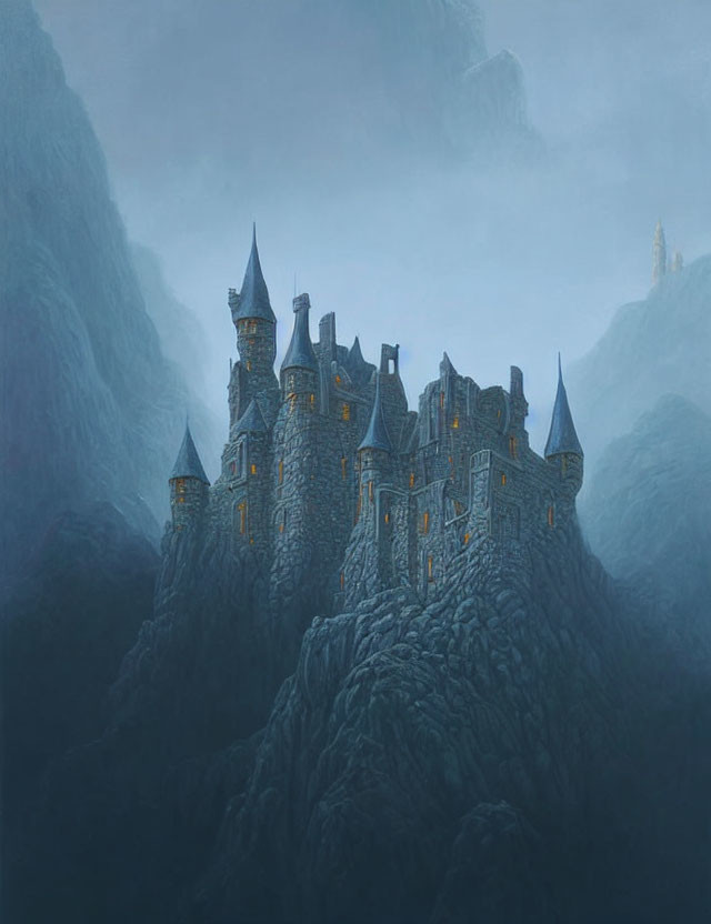 Medieval castle on misty cliff with illuminated windows