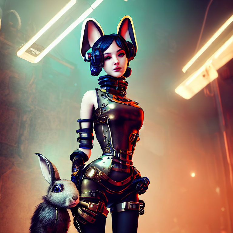 Futuristic 3D woman with cat ears and rabbit in neon-lit scene