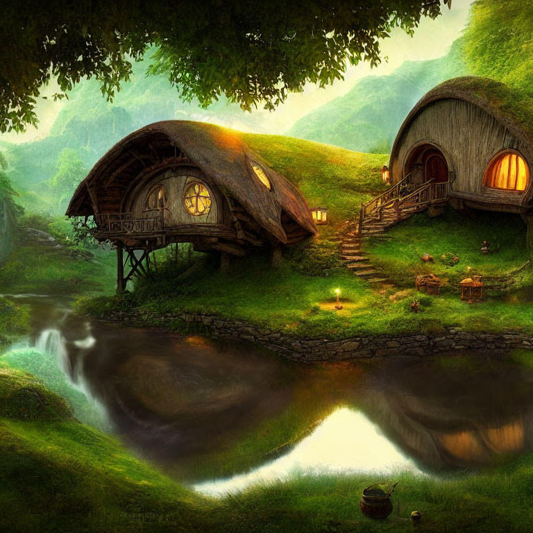 Charming hobbit-like homes with thatched roofs in serene forest setting