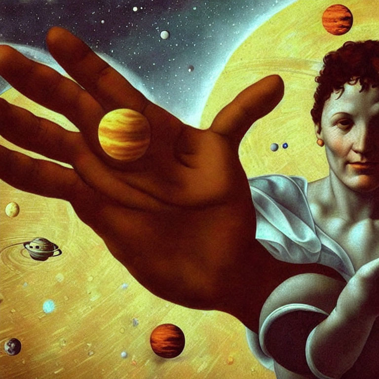 Classical figure merges with cosmic scene, hand reaching out amidst orbiting planets