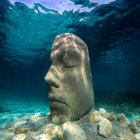 Sunlit underwater sculpture of person in marine ambiance