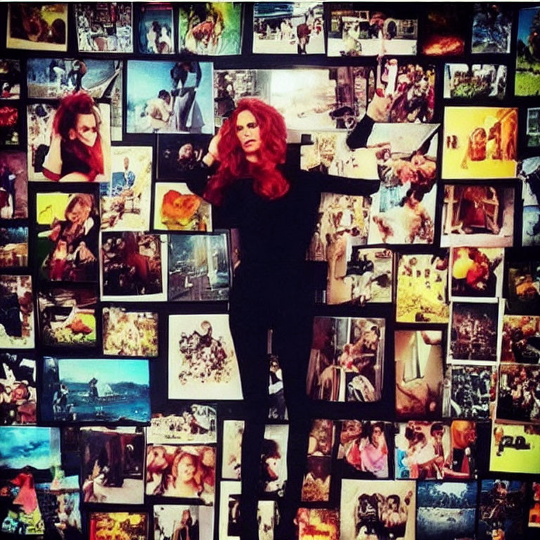 Red-haired woman surrounded by photo wall memories