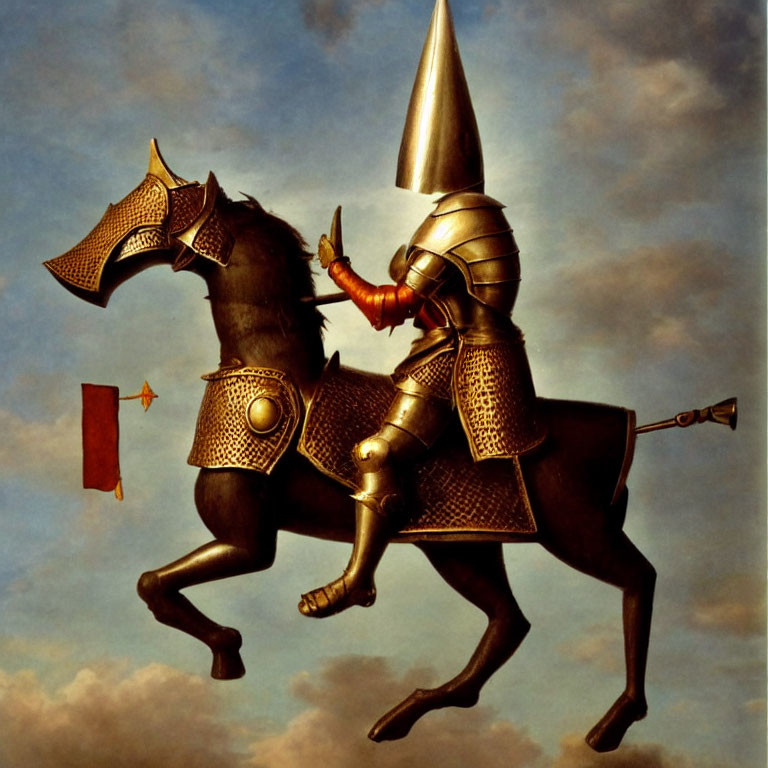 Surreal painting of knight and horse in medieval armor against cloudy sky