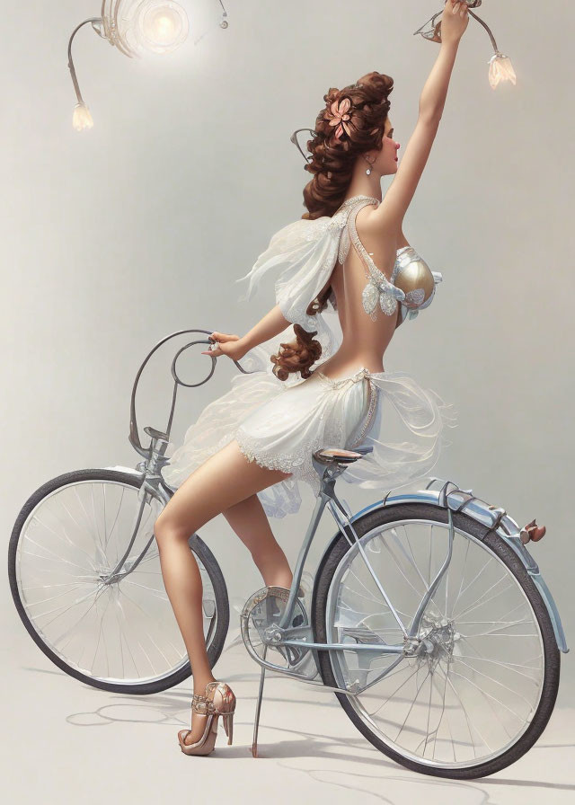 Stylized image of woman in elegant white outfit on vintage bicycle