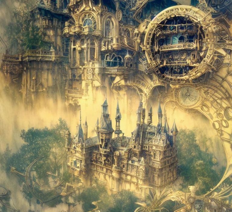 Steampunk Cityscape: Victorian-style buildings linked by gears in the clouds