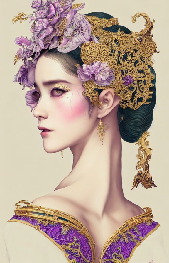 Traditional Artwork Featuring Woman with Ornate Gold Hair Accessories and Purple Clothing