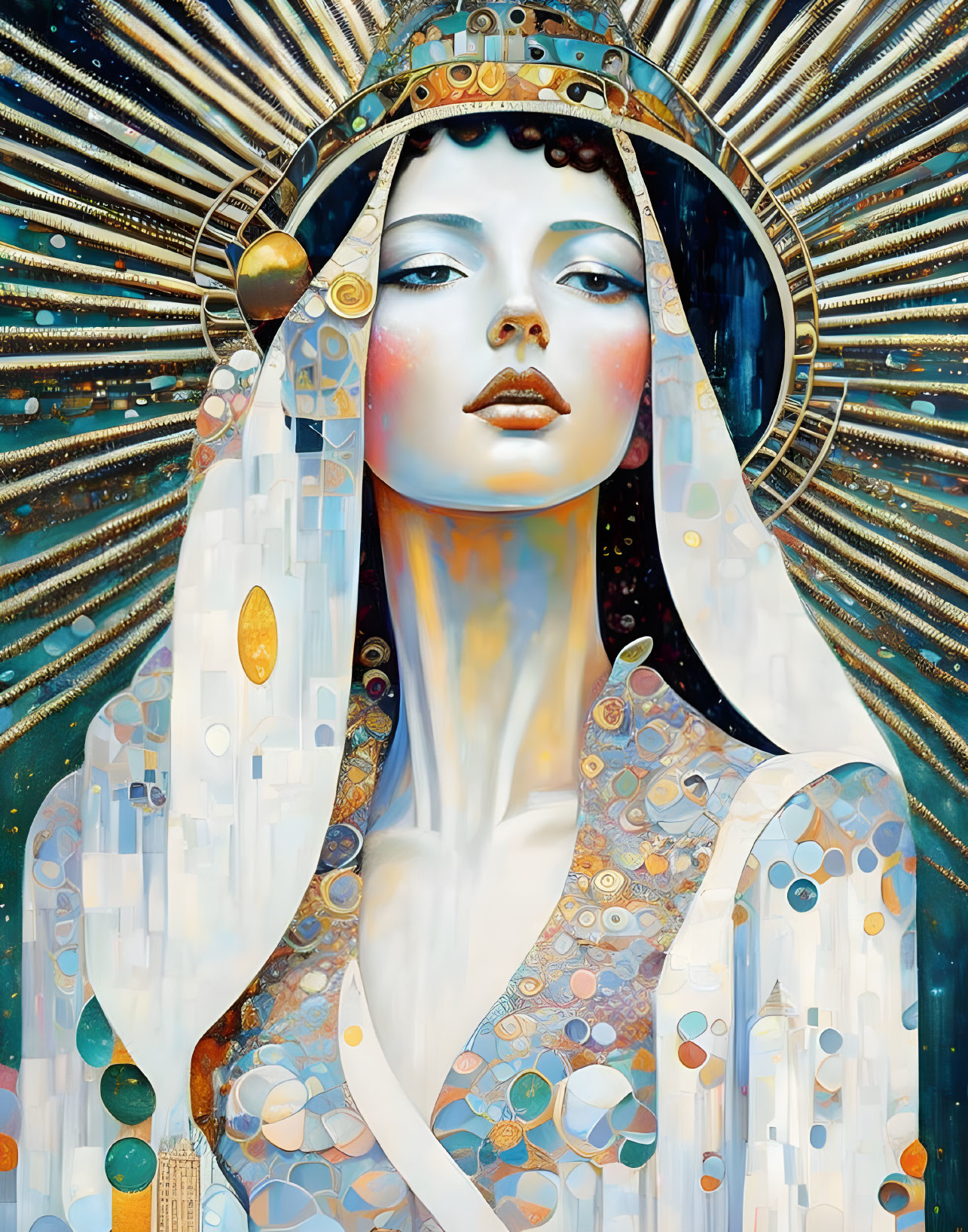 Colorful Stylized Portrait of Woman with Decorative Halo and Geometric Veil