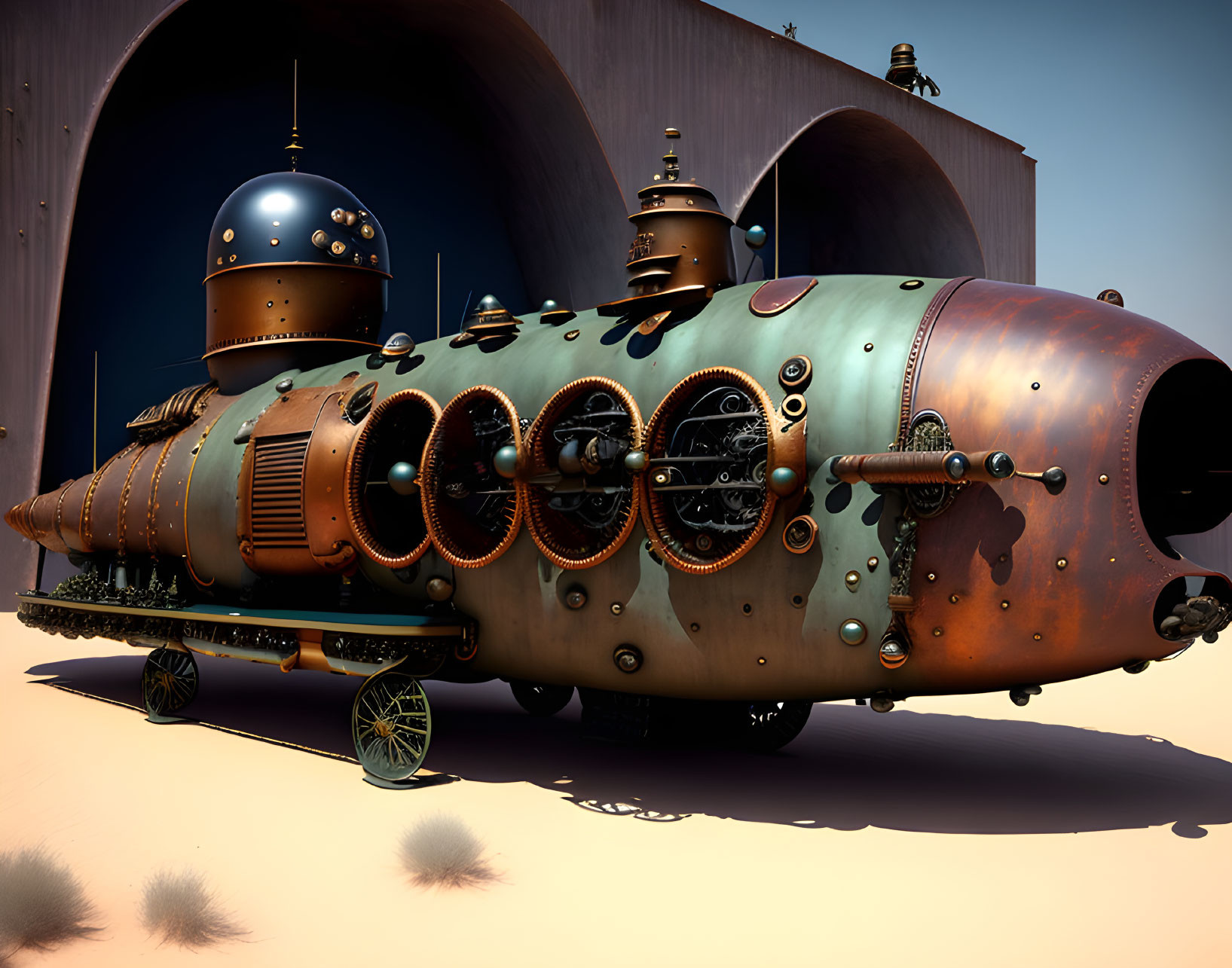 Steampunk-style submarine with copper details in desert landscape