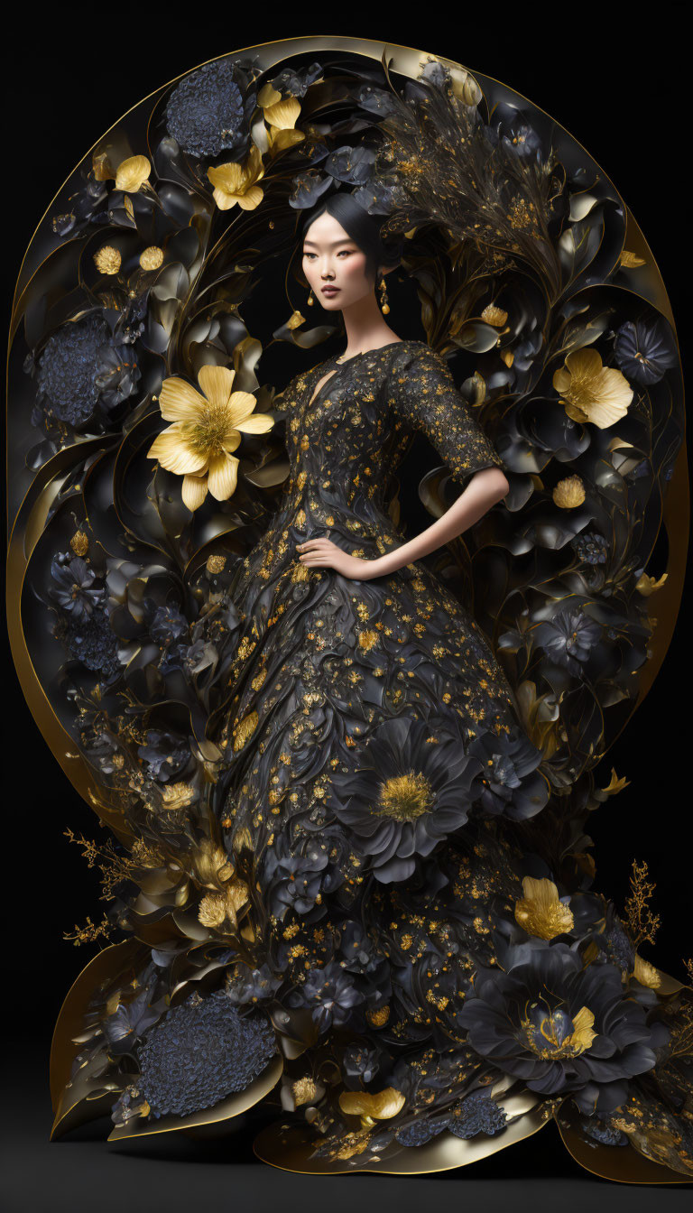 Woman in Floral Dress Poses in Front of Luxurious Golden Floral Backdrop