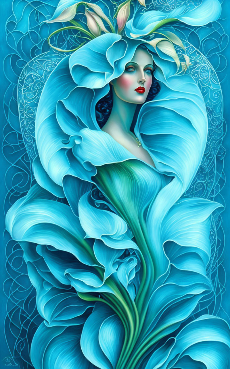 Vivid Woman as Flower with Blue Petals on Decorative Background