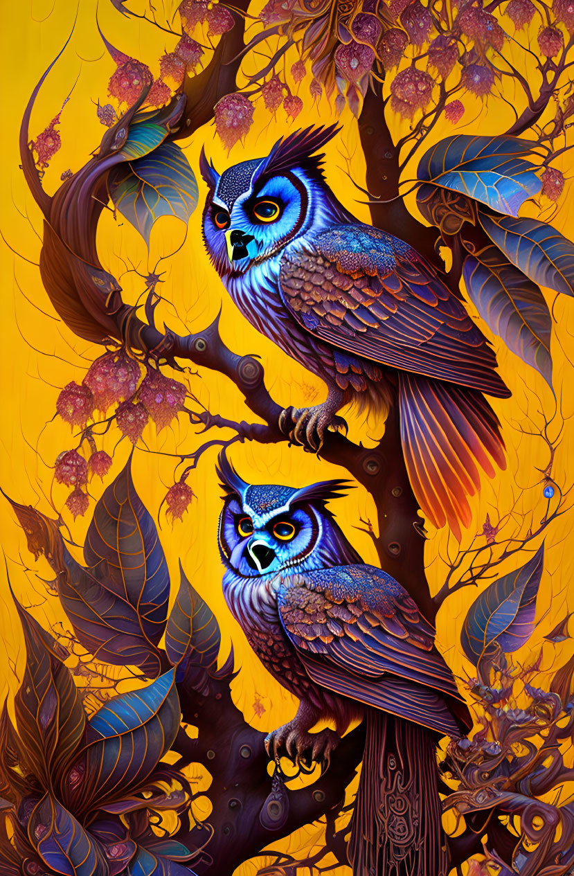 Stylized owls with intricate feather patterns on branches in golden leaf setting