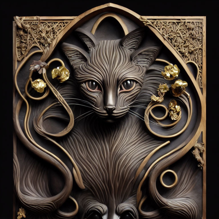 Intricately carved wooden relief featuring majestic cat and gothic elements