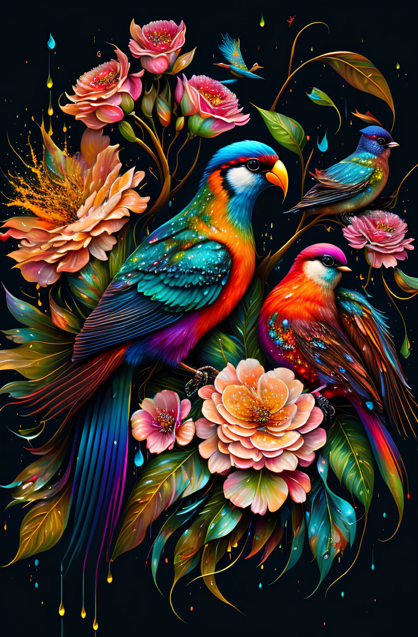 Colorful Birds Perched Among Flowers on Dark Background