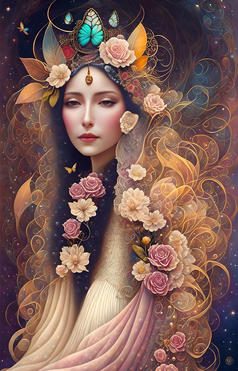 Illustration of woman with butterfly headdress on starry background