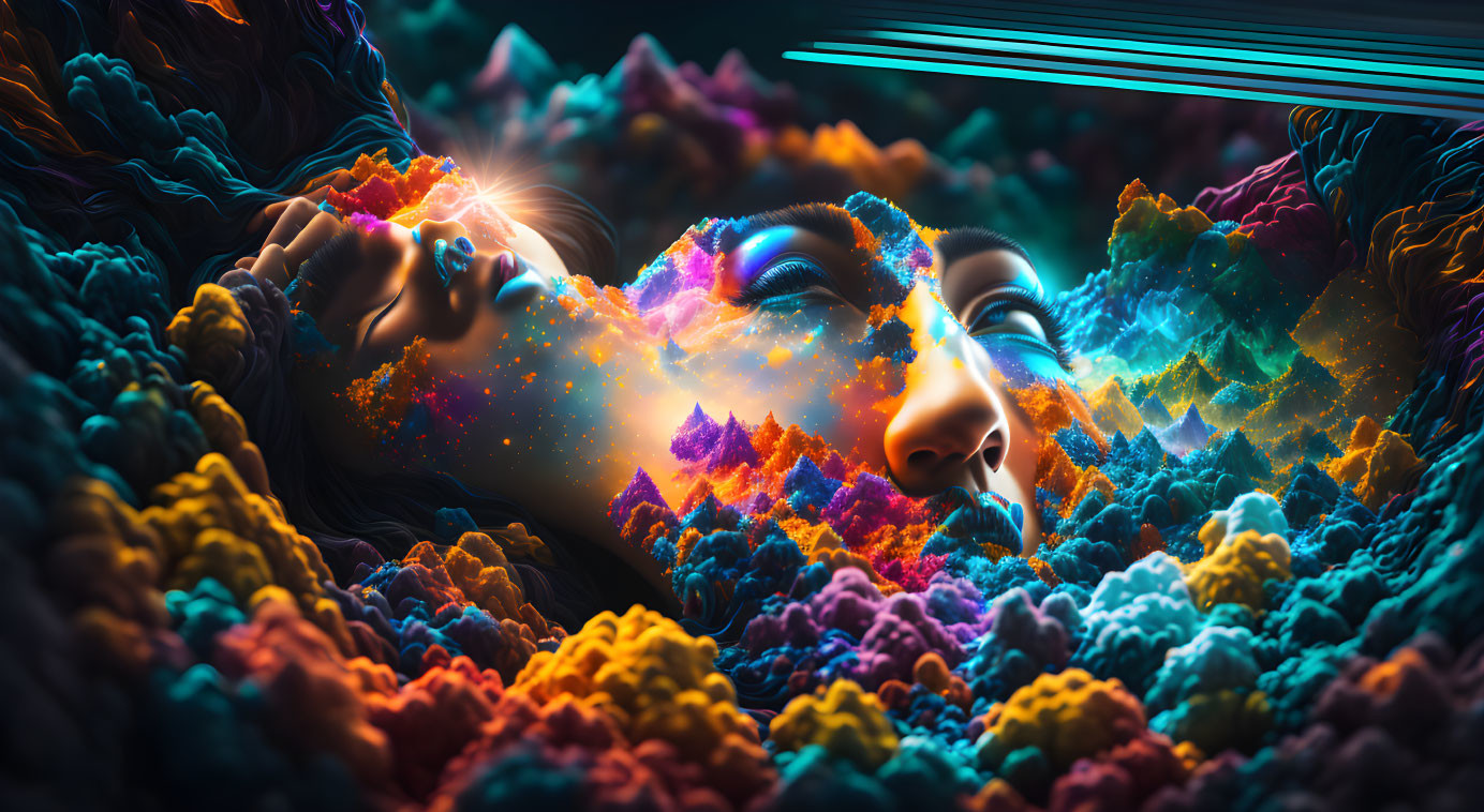 Colorful digital art: Female face merging with vibrant nebula clouds on dark cosmic background