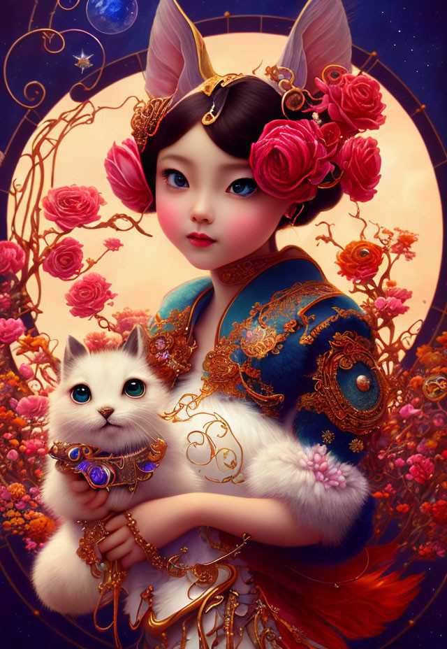 Stylized illustration of girl with large eyes and cat in ornate golden designs and vibrant flowers on