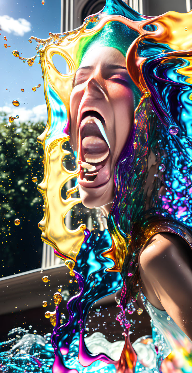 Colorful liquid splash distorts face in sunny outdoor scene