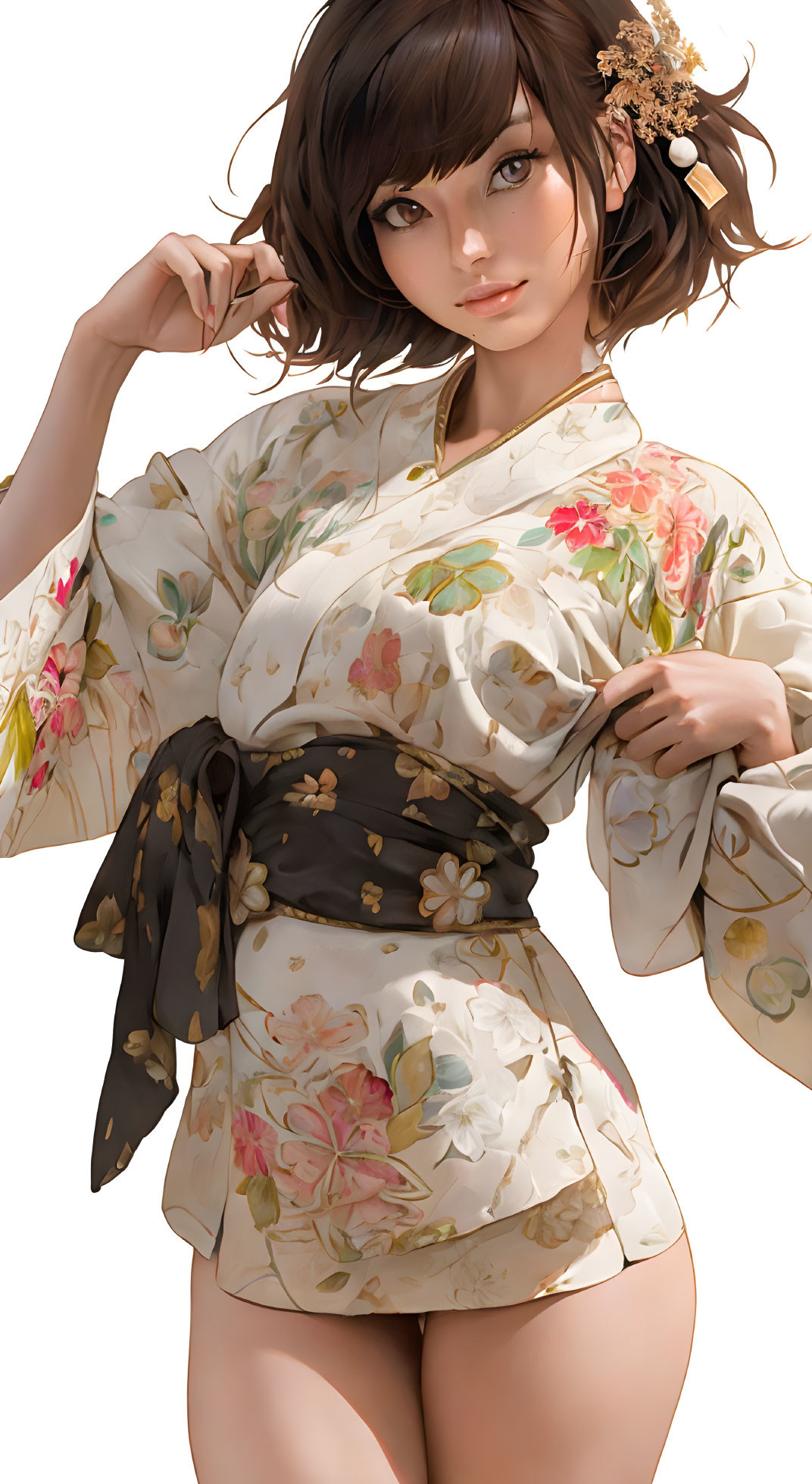 Brown-haired character in floral kimono with obi belt