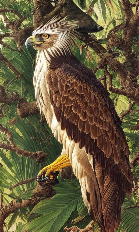 Majestic Philippine Eagle perched in lush foliage with prominent crest.