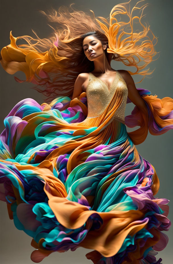 Colorful woman in dynamic twirl with flowing hair and dress