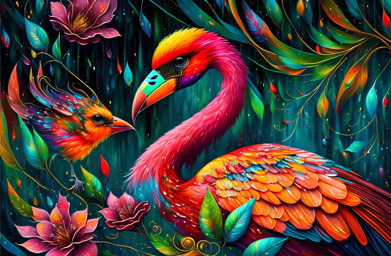 Colorful digital artwork featuring flamboyant flamingo and small bird in lush, fantastical setting