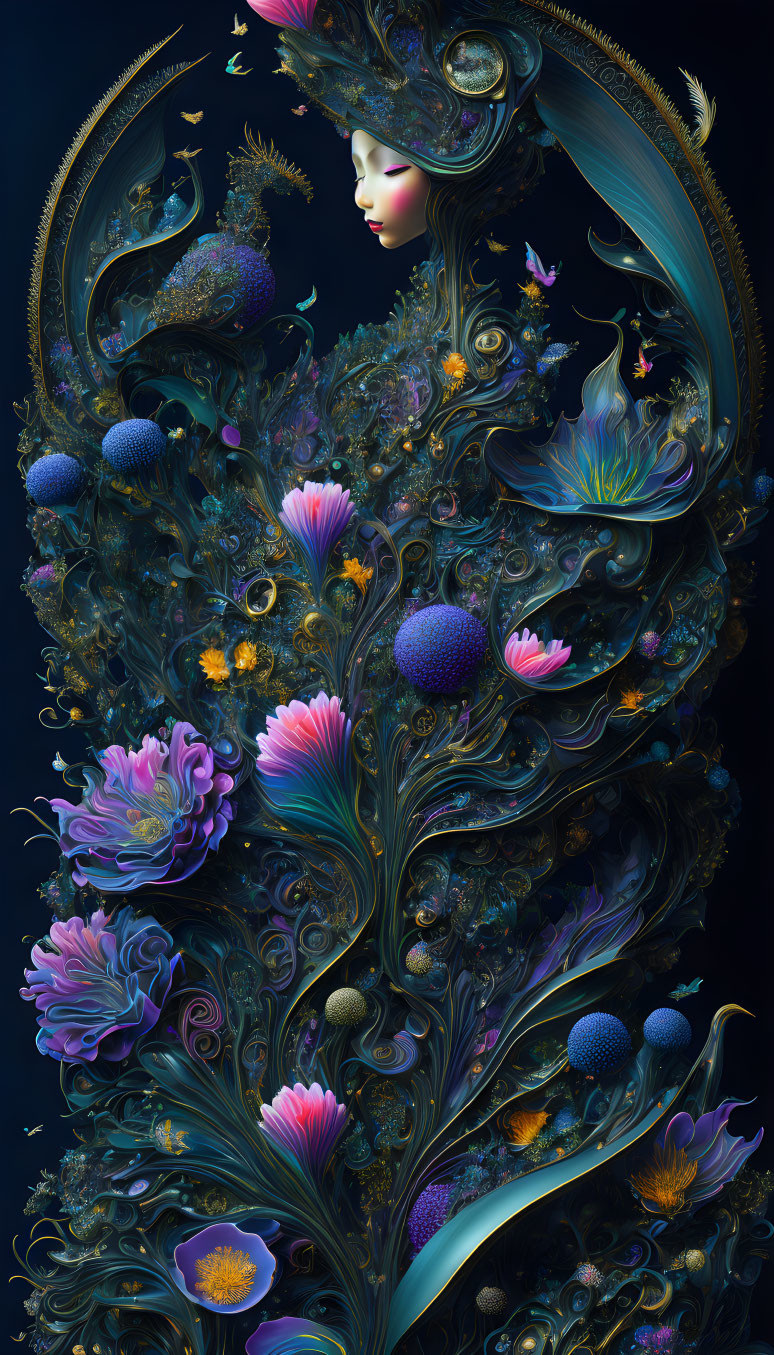 Digital illustration: Woman intertwined with ornate florals and peacock feathers on dark background