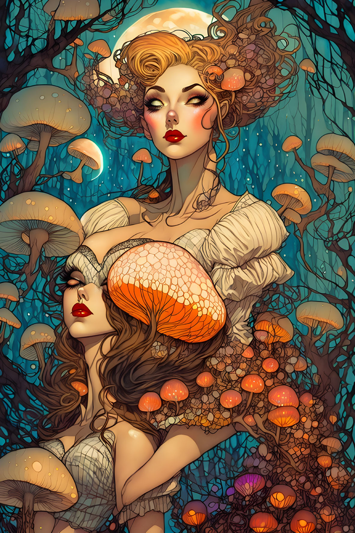 Whimsical illustration of two women in mystical forest