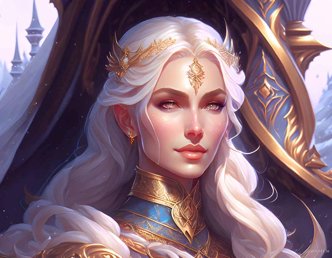 Fantasy female character with white hair, gold crown, intricate jewelry, regal blue outfit, in