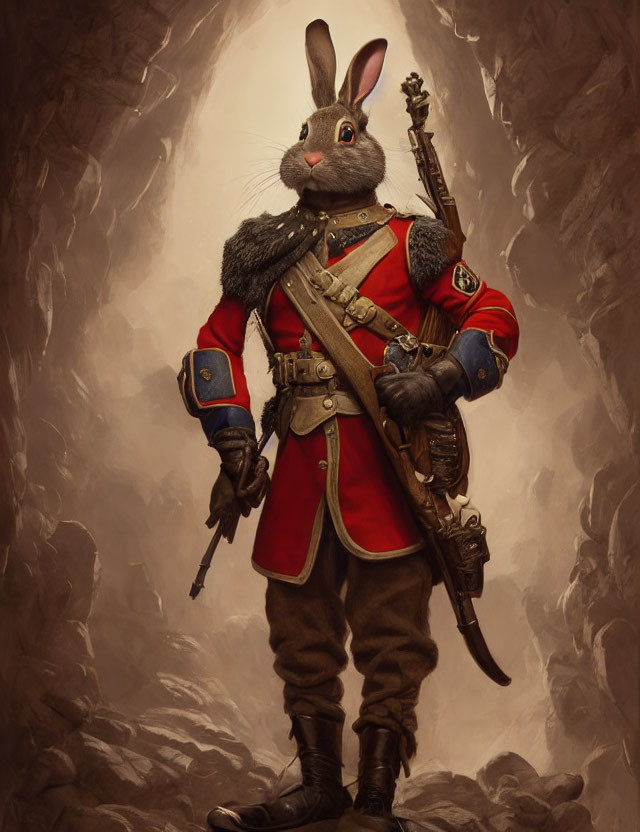 Anthropomorphic rabbit in red military uniform with sword and rifle against rocky backdrop