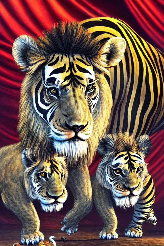 Unique lion-zebra hybrid artwork with mouse on red background