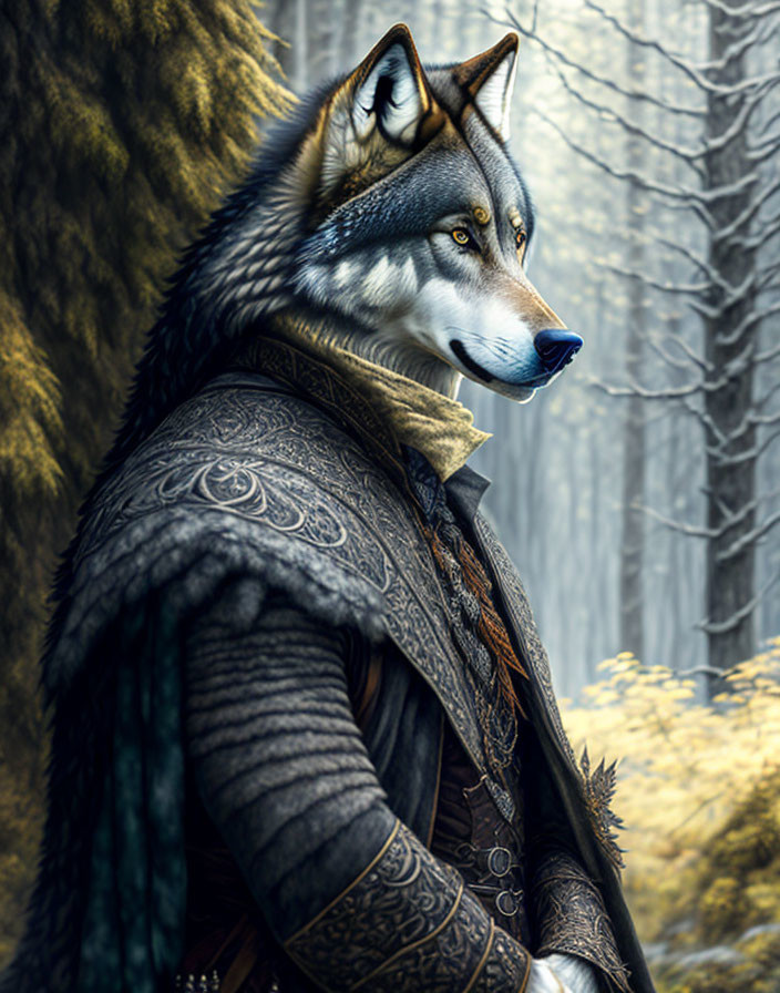 Anthropomorphic wolf in historical clothing in misty forest with intricate patterns