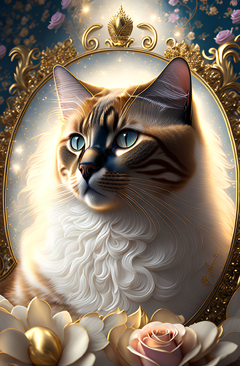 Regal Cat Portrait in Ornate Golden Frame