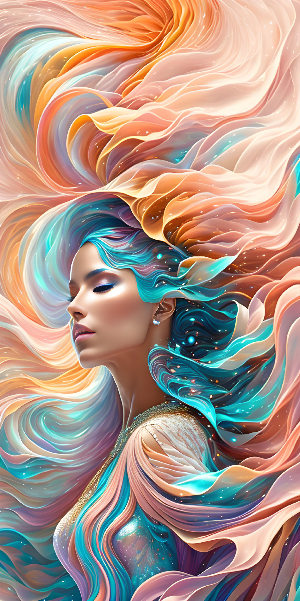 Colorful surreal image of a woman with flowing hair merging into abstract waves of blue, orange, and