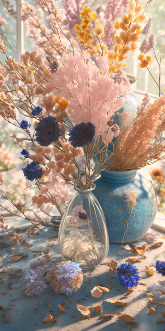 Tranquil scene: dried flowers in pink and blue vase under natural light