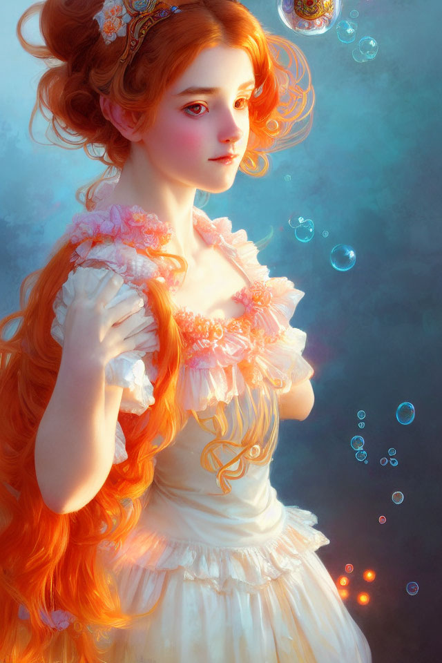 Illustration of woman with red hair in peach dress surrounded by bubbles on blue background