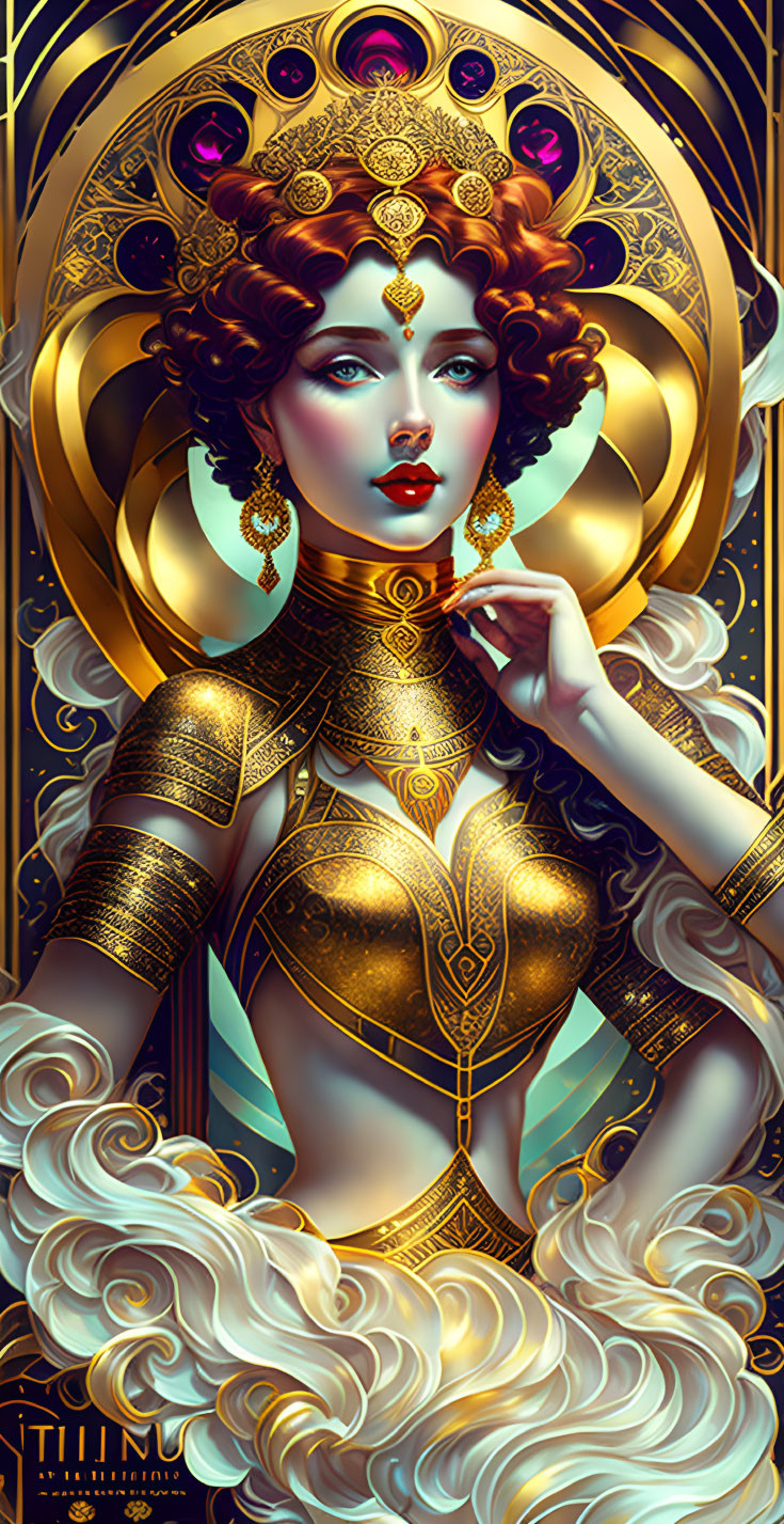 Detailed Art Nouveau woman illustration with golden headpiece and armor, celestial motifs, white hair.