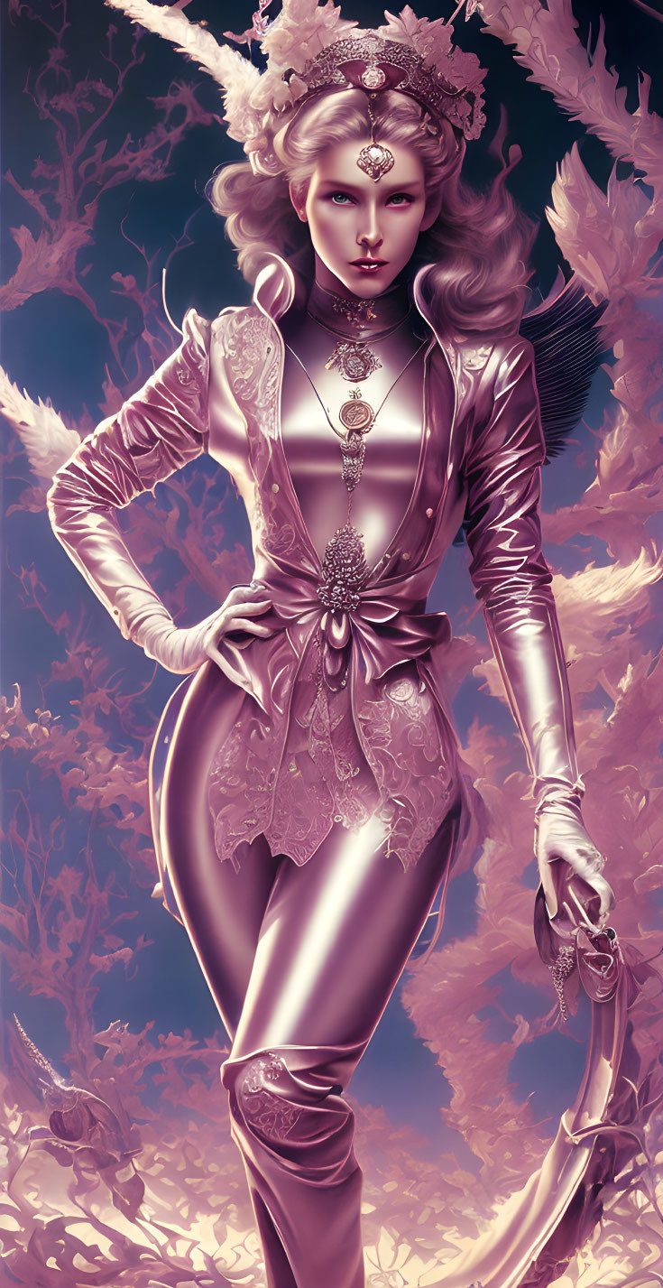 Fantasy-themed woman illustration in ornate pink-purple outfit among floral elements