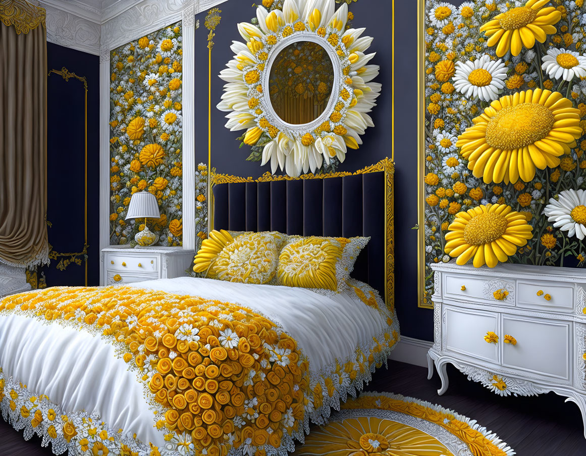 Luxurious Bedroom with Dark Walls and Sunflower Decor