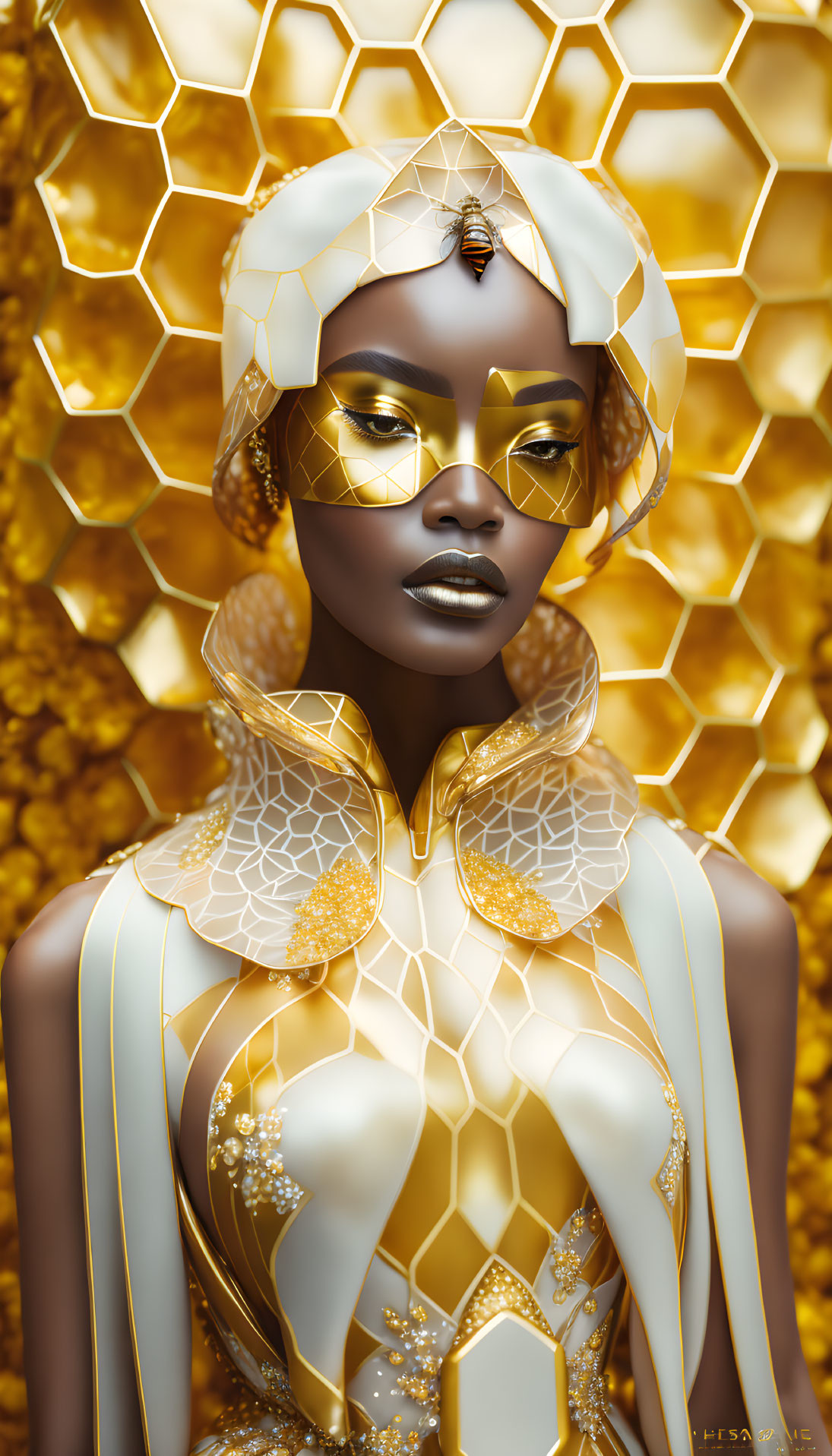 Golden makeup woman with bee-themed jewelry on honeycomb background