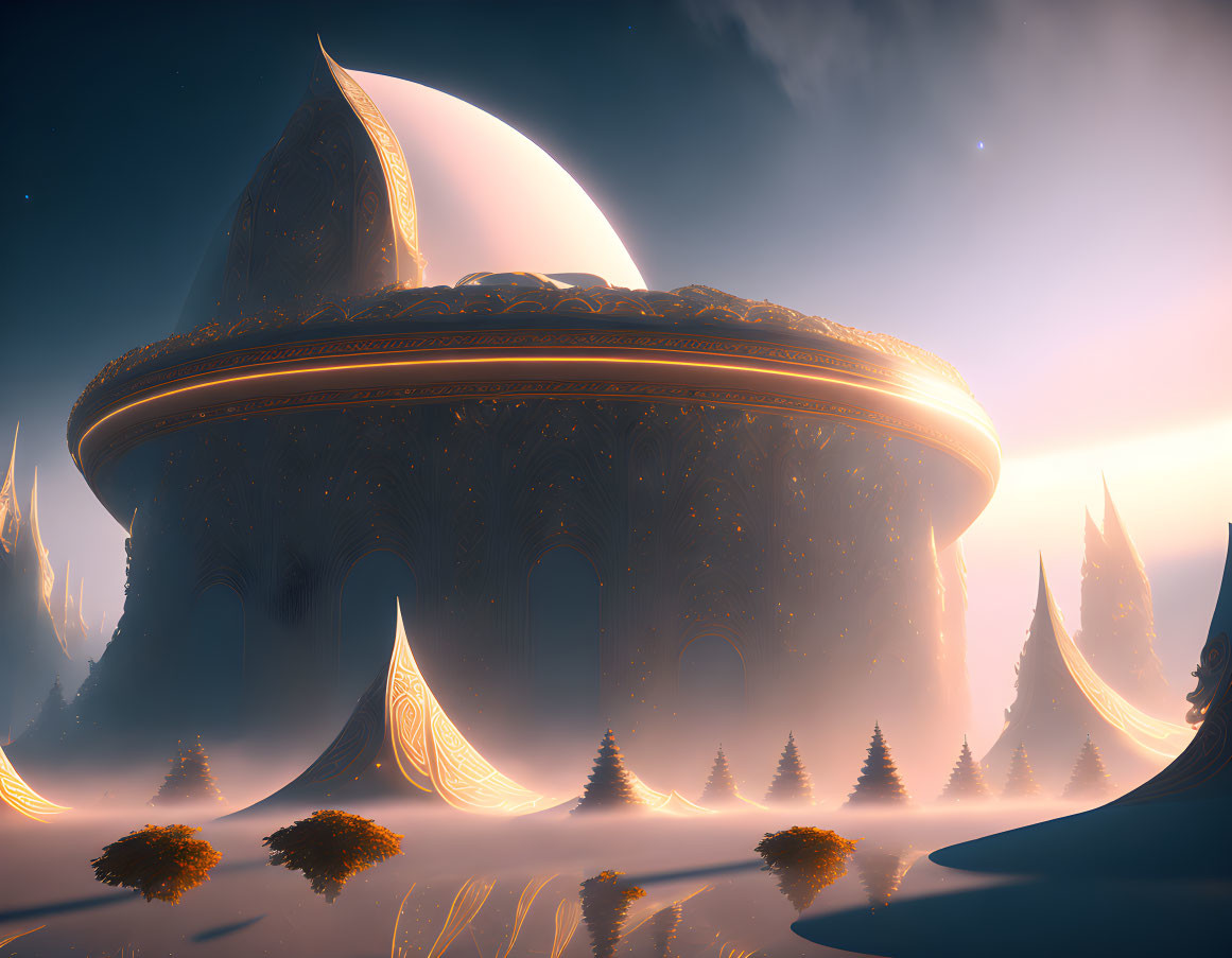 Fantastical dusk landscape with floating structure and crescent moon